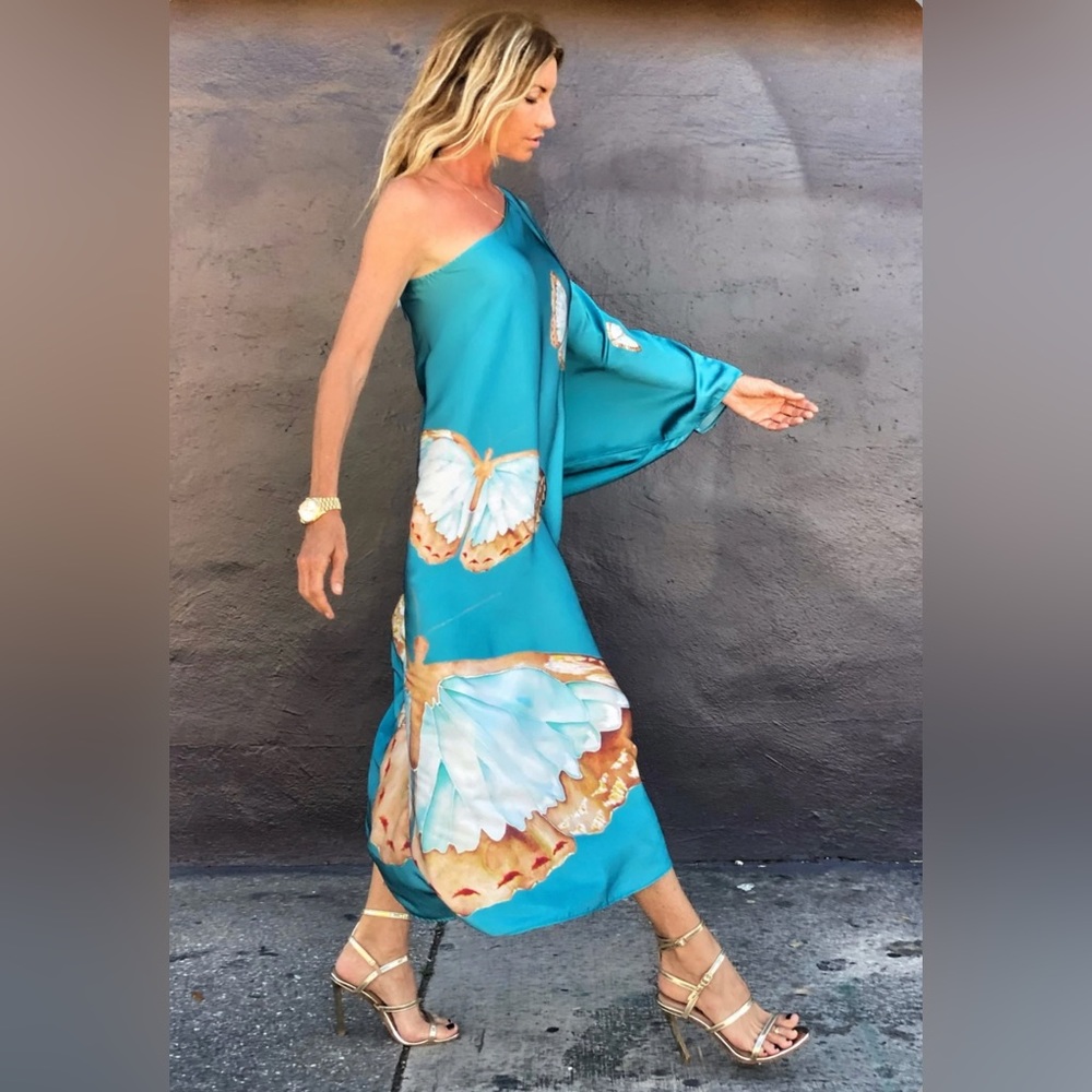 Teal Butterfly One-Shoulder Swim Coverup - Picture 6 of 9